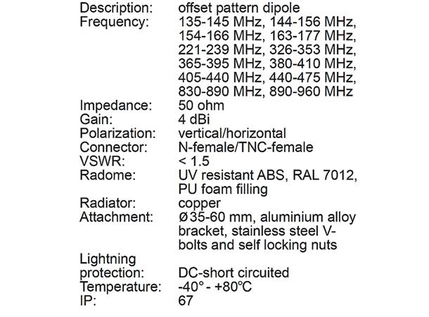 Completech CA380D-N Dipol, 5dBi, 365-395MHz, N-Female